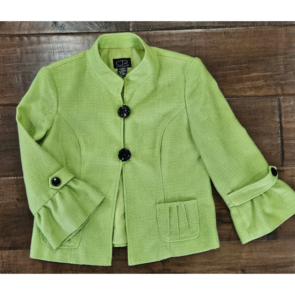 Vibrant Chartreuse Mob Lime Zest Textured Blazer Mock Neck Ruffle Bell Sleeve  M